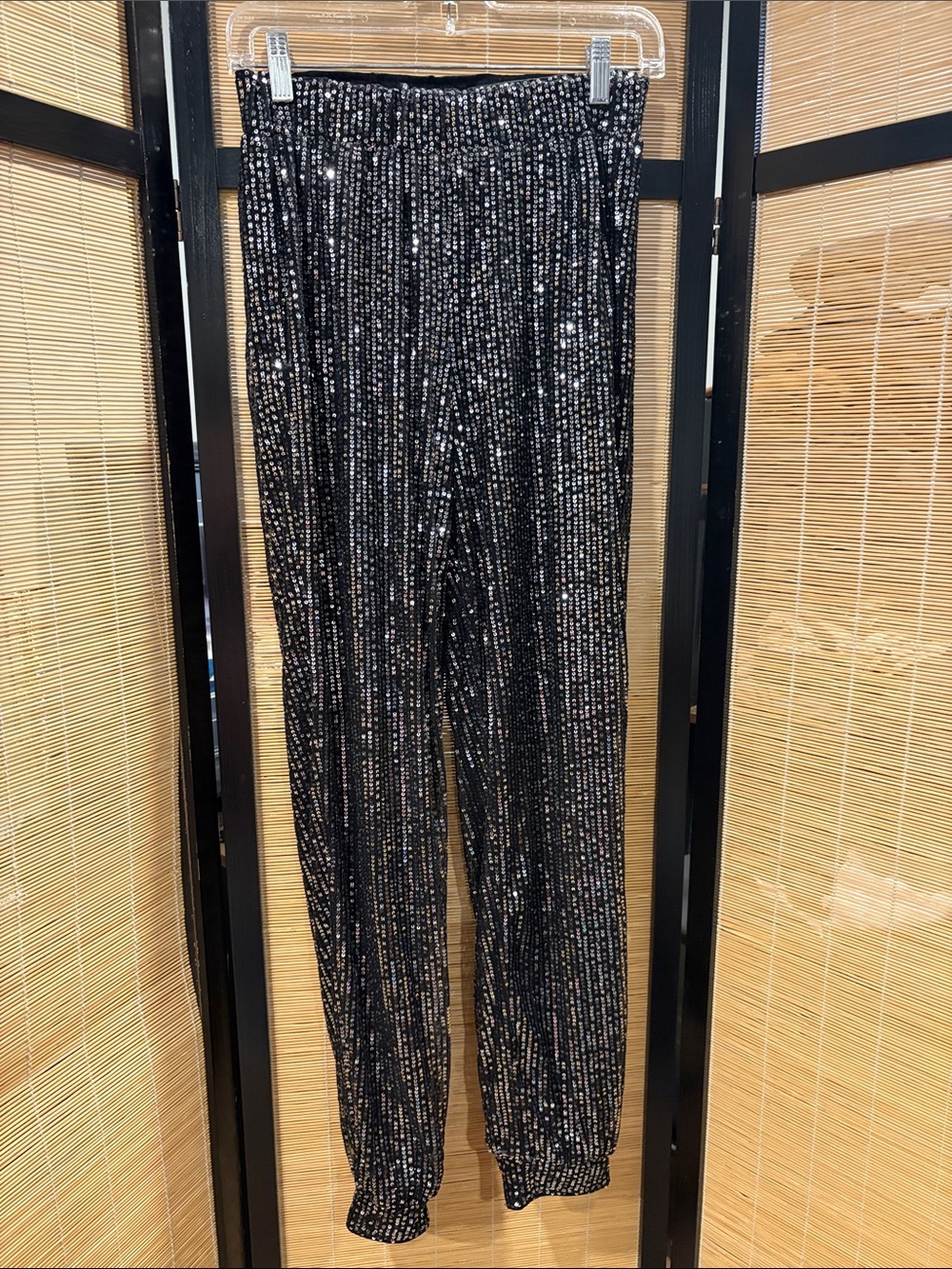 Black Sequin Pleated Elastic-Waist Pants